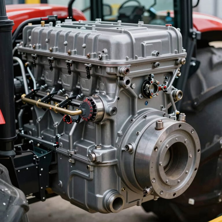 A detail-oriented close-up of a diesel engine component from a heavy tractor, showcasing industrial precision and clean maintenance.