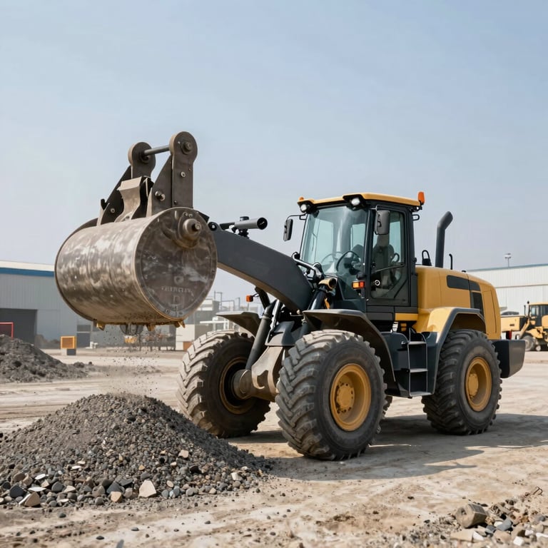 A large front-end loader lifting gravel at an industrial site, clean composition, bright daylight.