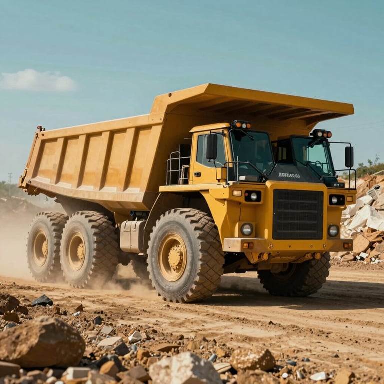 A heavy-duty articulated dump truck moving earth at a North American quarry, professional photography with vibrant amber and teal tones.
