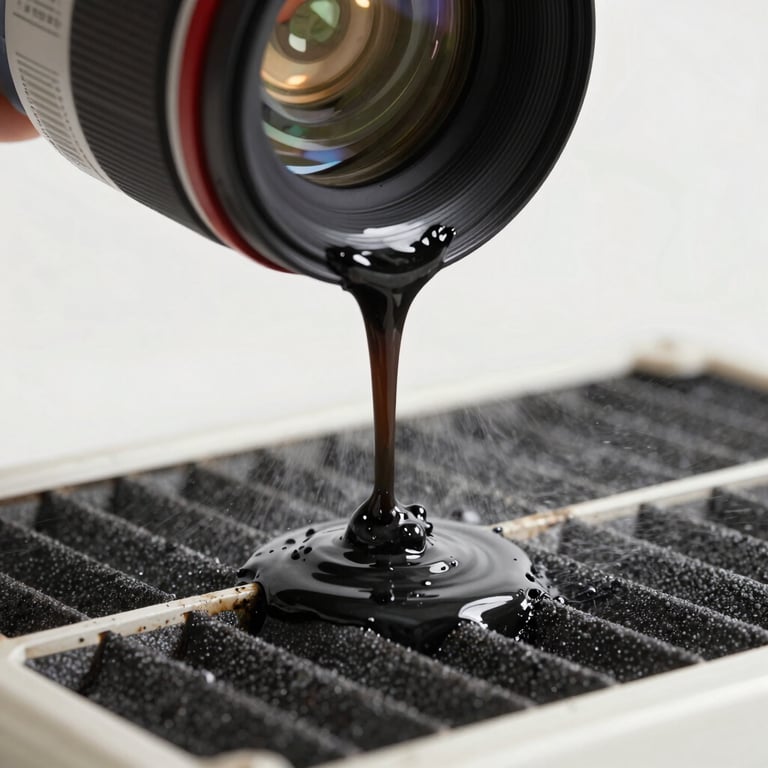 Macro shot of black sludge draining from a split AC filter during a high-pressure jet-wash, natural light.