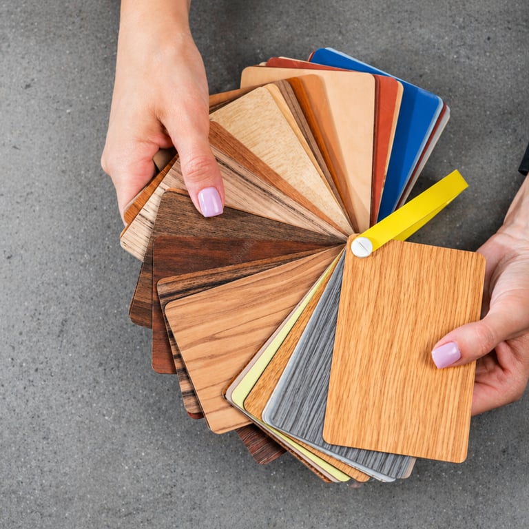 A designer holding a fan of wood laminate samples and color swatches for interior furniture design.