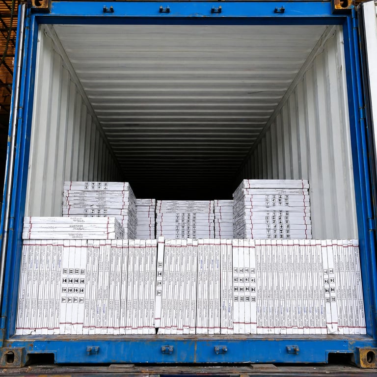 A blue shipping container loaded with stacked pallets of white packaged cargo for logistics and export.