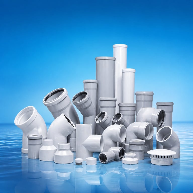 A collection of white and grey PVC plumbing pipes and plastic fittings for sewage drainage systems.