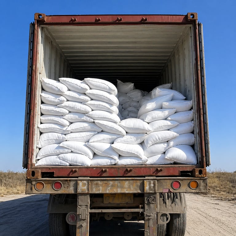 A metal cargo container loaded with stacked white polypropylene sacks for industrial logistics and transport.