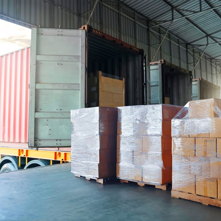 Wrapped boxes on pallets being loaded into a shipping container at a warehouse loading dock.