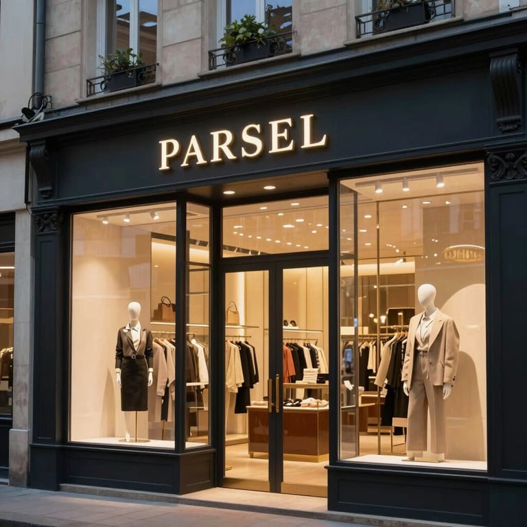 Detail of a stylish French boutique storefront at dusk with warm lighting.