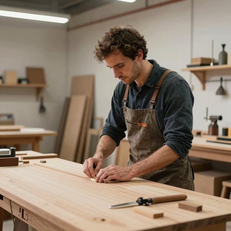 A local French craftsman working in a clean, modern wood shop with natural lighting.