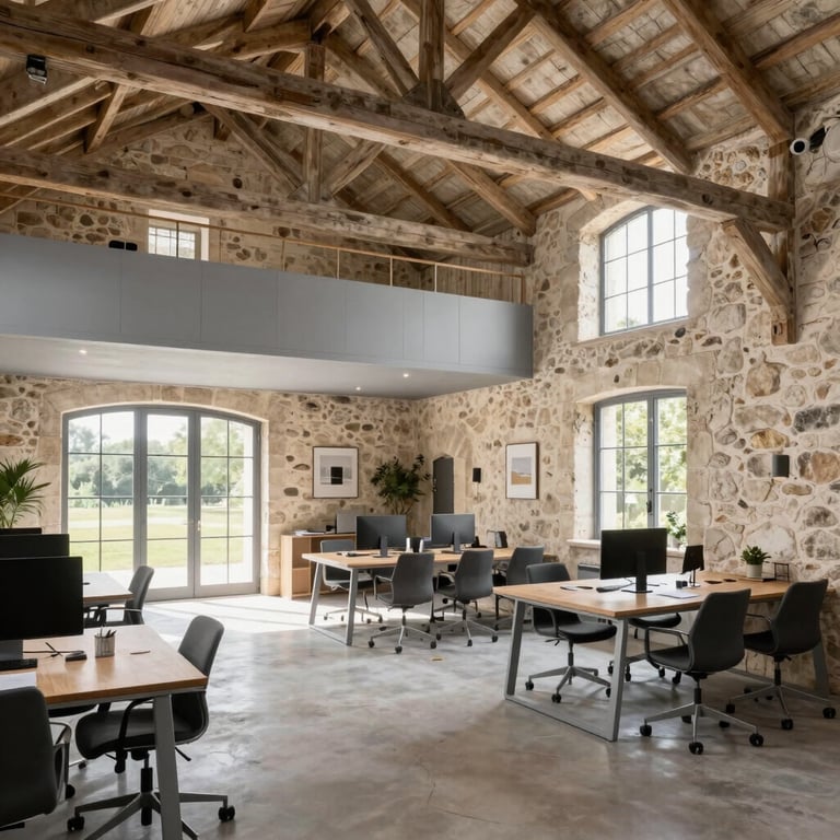 A modern coworking space in a renovated French stone barn with light gray accents.