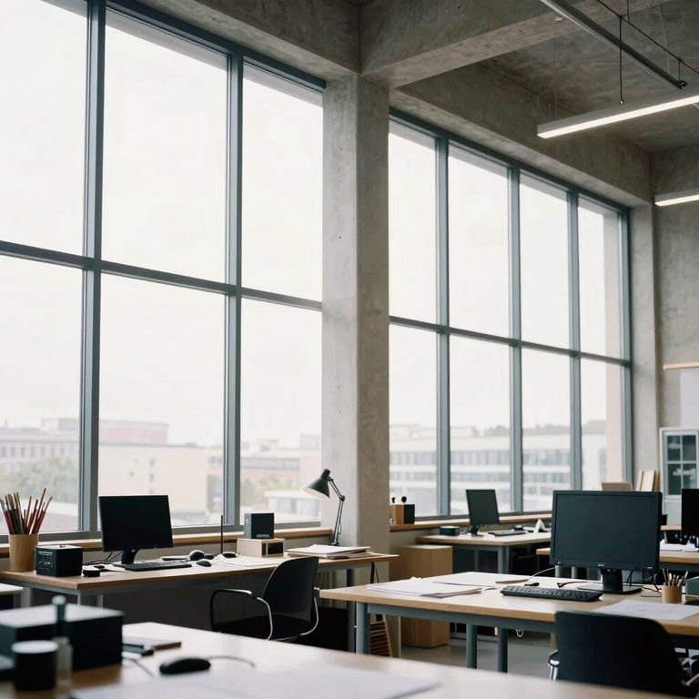 Interior of a modern architecture studio in France, bright and airy with large windows.