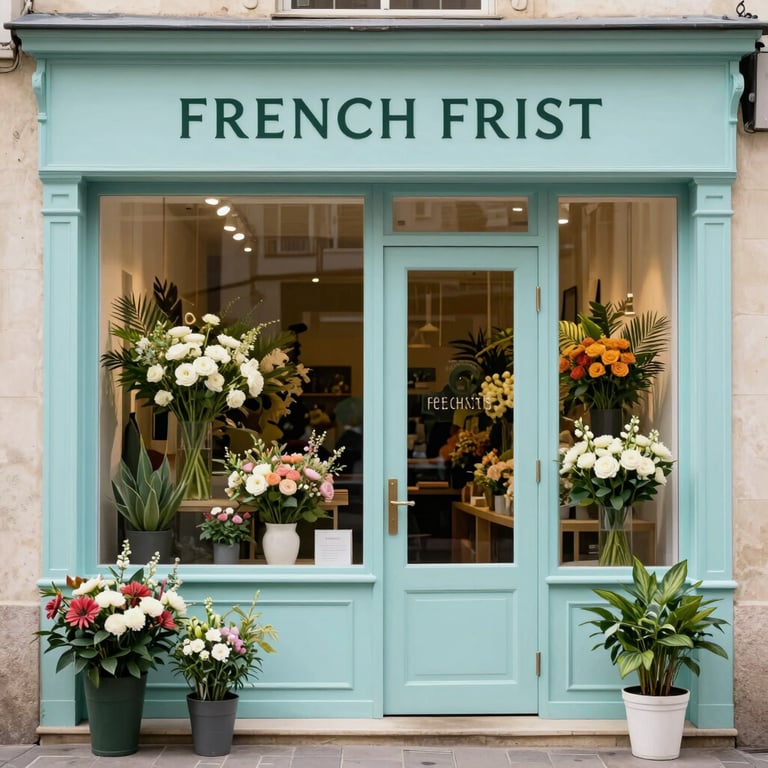 Exterior of a trendy French florist shop with a pale cyan door and professional signage.