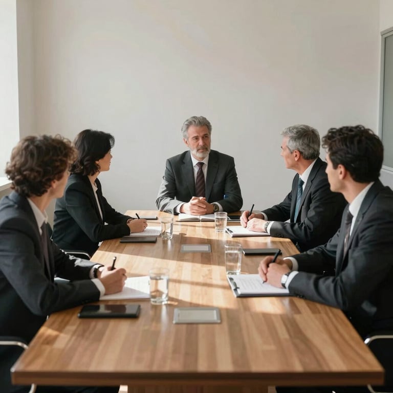 A professional business meeting in a sunlit French boardroom with charcoal furniture.