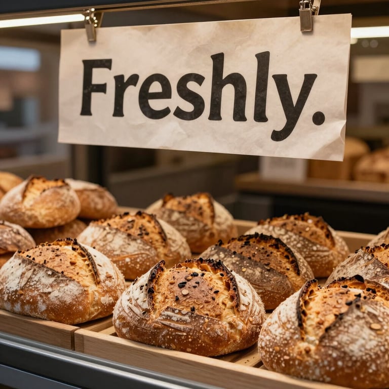 Freshly baked artisan bread displayed in a modern food market with crisp parchment style signage.