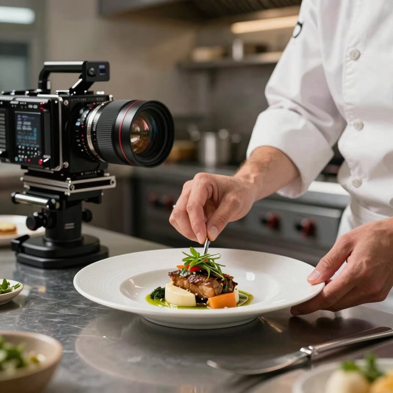 A vibrant social media content shoot of a chef plating a dish in a professional kitchen with sophisticated equipment.