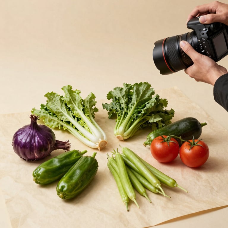 A professional photographer capturing a flat-lay of local farm-fresh vegetables in a studio with crisp parchment backgrounds.