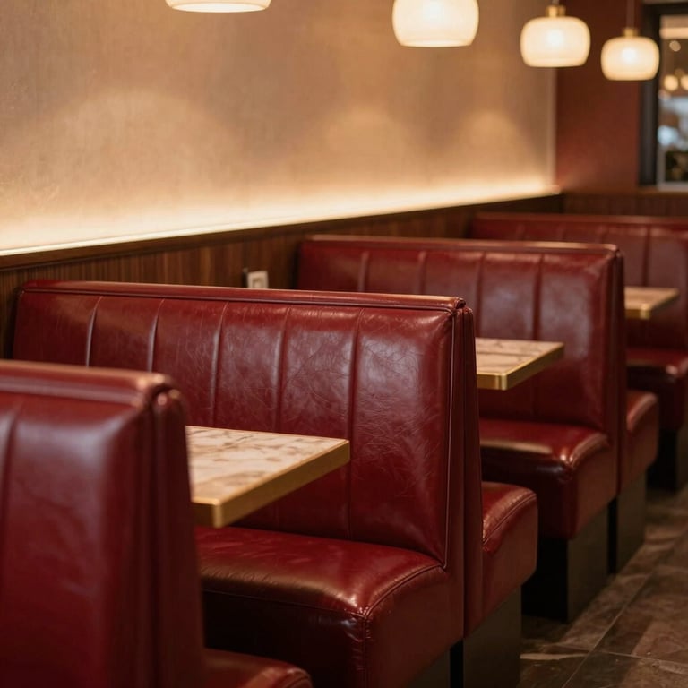 An elegant, North American restaurant interior with warm lighting and deep ripe crimson leather booths.