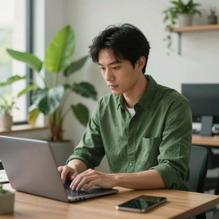 A digital marketing strategist working on a laptop in a bright, plant-filled office with matte forest green accents.