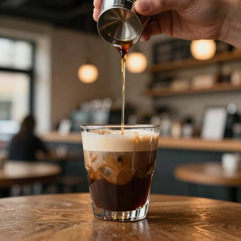 A close-up shot of a hand-poured coffee in a modern, cozy North American / European bistro with warm lighting.