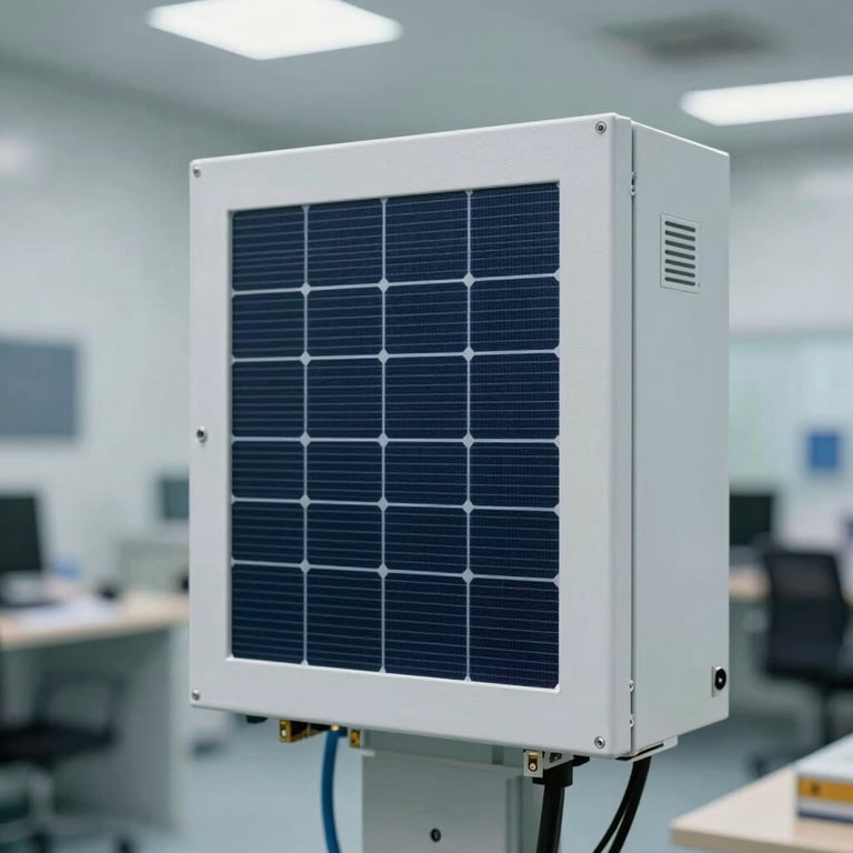 A close-up of a high-quality solar inverter system inside a clean, well-lit utility room, representing reliable energy solutions.