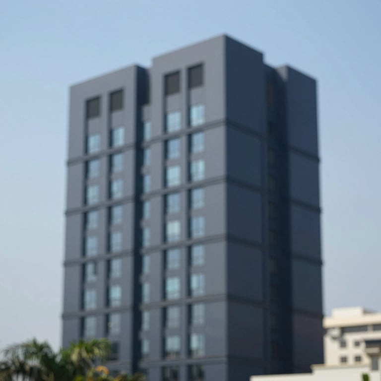 A modern commercial building in Lagos powered by clean energy, with a clear sky and #0F1D2C navy architectural details.