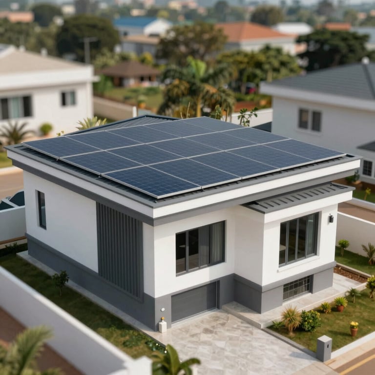 A premium residential house in Abuja with sleek, modern solar panels integrated seamlessly into the roof structure, showcasing #B49A67 accents.