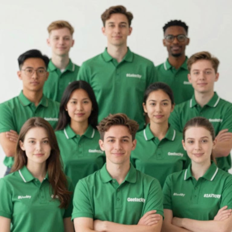 A group of diverse, professional Geetecky team members in branded #2A735E uniforms, looking confident and trustworthy.