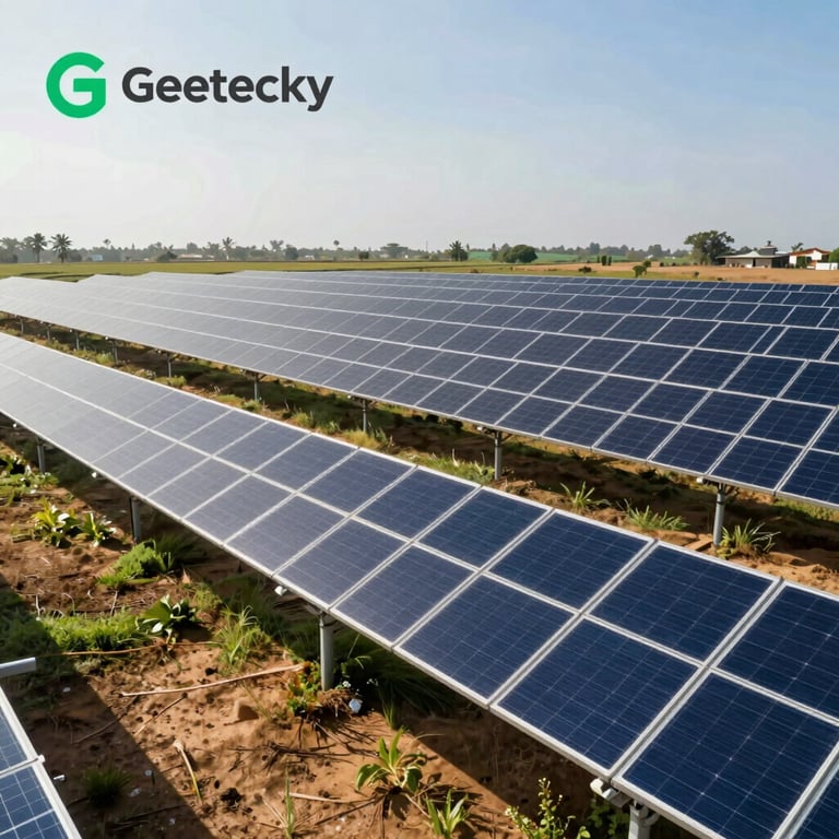A wide shot of a pristine solar farm installed by Geetecky, glowing under the Nigerian sun, conveying technical excellence and using brand colors #0F1D2C and #2A735E.
