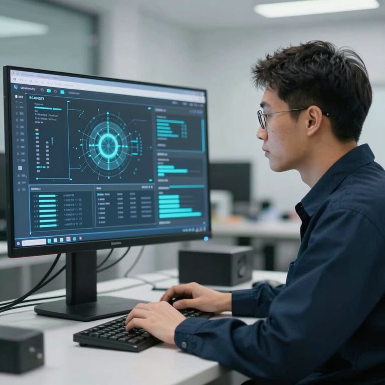 A Geetecky technician monitoring an advanced digital interface for an energy backup system, highlighting the brand's technological edge with #F4F8F7 lighting.