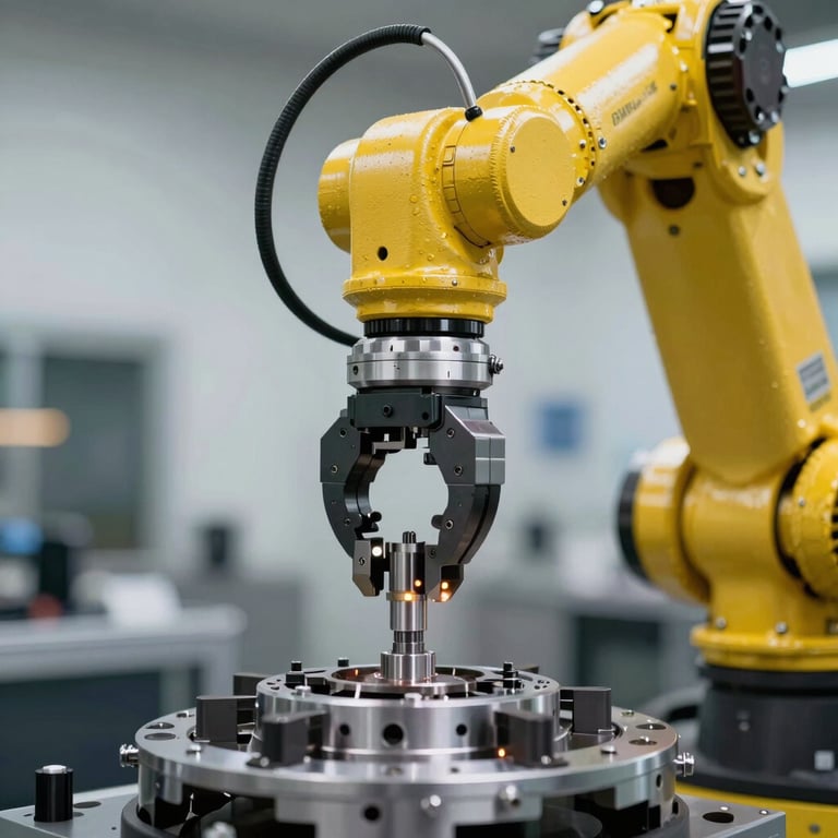 Close-up of an industrial robot gripper moving a precision automotive part with high-tech sensors glowing.