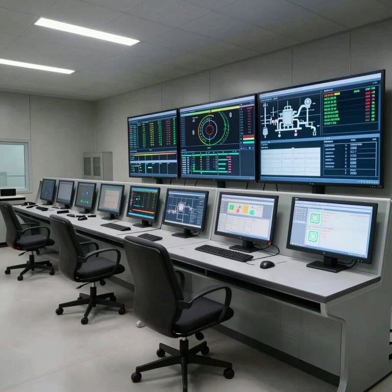 Wide shot of a modern industrial control room with screens displaying SCADA data and manufacturing metrics.