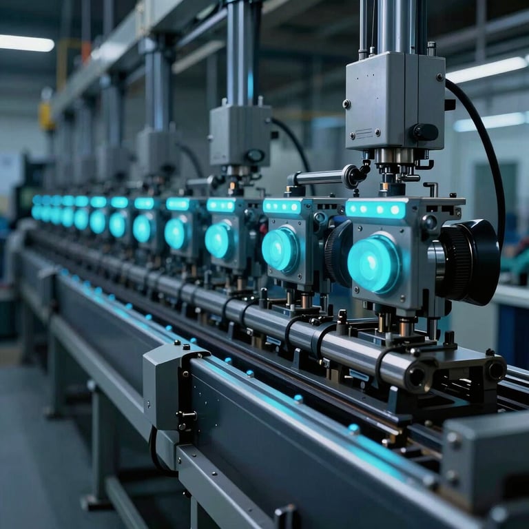 Automated assembly line in a dark-mode factory with electric blue and bright cyan lighting accents.