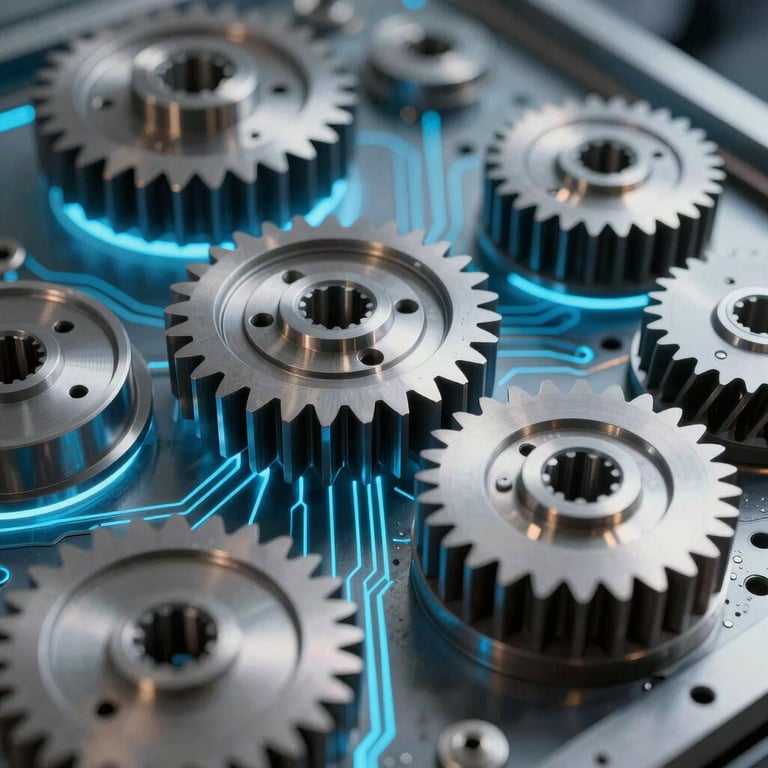 Abstract photography of high-precision CNC metallic gears and circuits with a glow effect in neon blue.