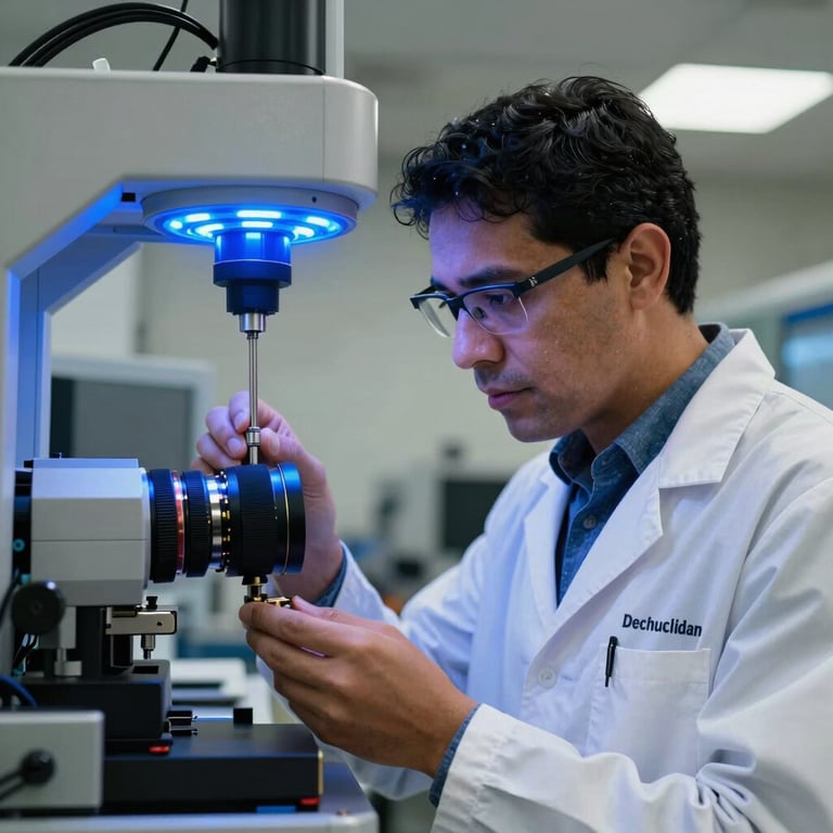 A technical specialist in professional attire examining a precision component under neon blue LED lights in a Latin American facility.