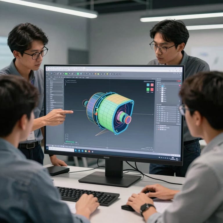 Engineering team collaborating over a 3D CAD design on a high-resolution digital screen in a high-tech studio.