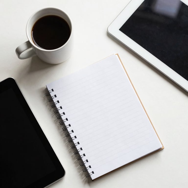 An overhead shot of a clean workspace with a coffee cup, a notebook, and a tablet, suggesting a productive morning routine.
