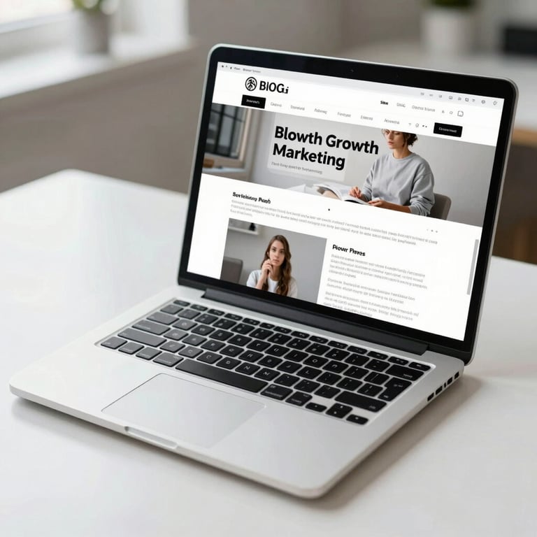 A sleek silver laptop on a white desk showing a clean, modern blog layout with focus on growth marketing content.