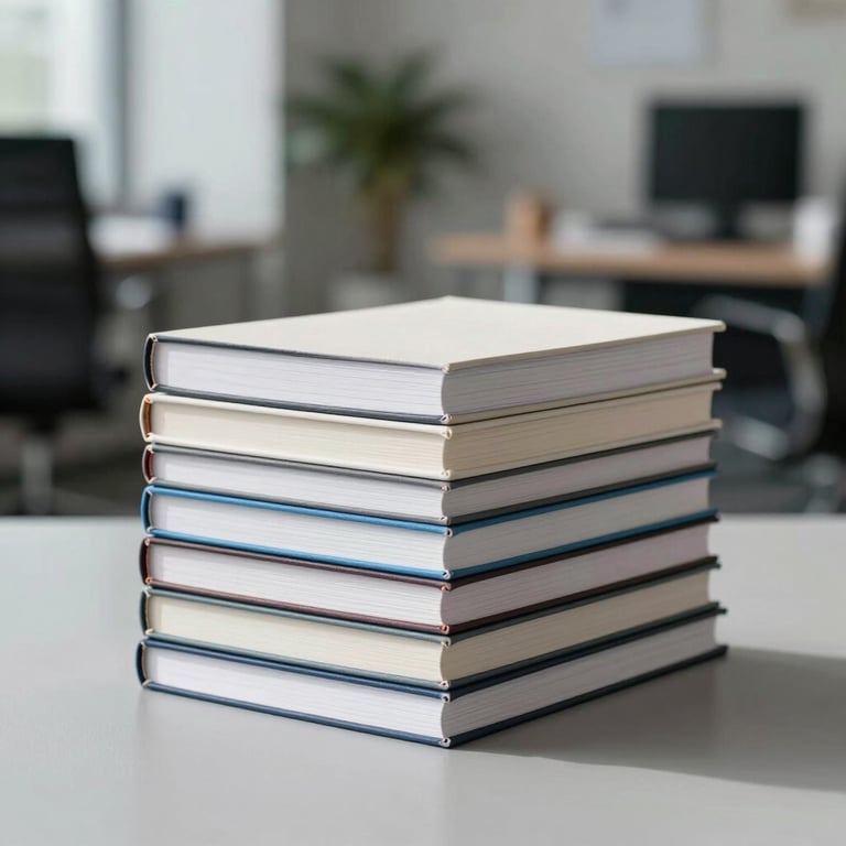 A stack of minimalist business books on a light grey surface, professional photography in a bright North American office lounge.