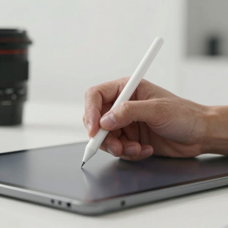 A close-up of a professional hand holding a stylus while working on a tablet in a bright, modern studio setting.