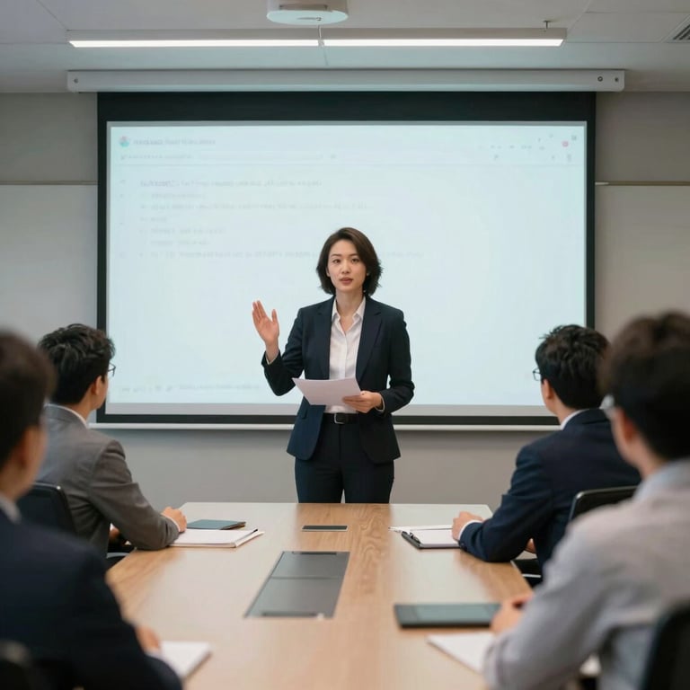 A professional individual in a North American business setting giving a presentation in a high-tech conference room.
