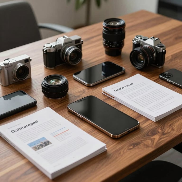A collection of modern digital devices and marketing literature arranged neatly on a polished wooden desk.