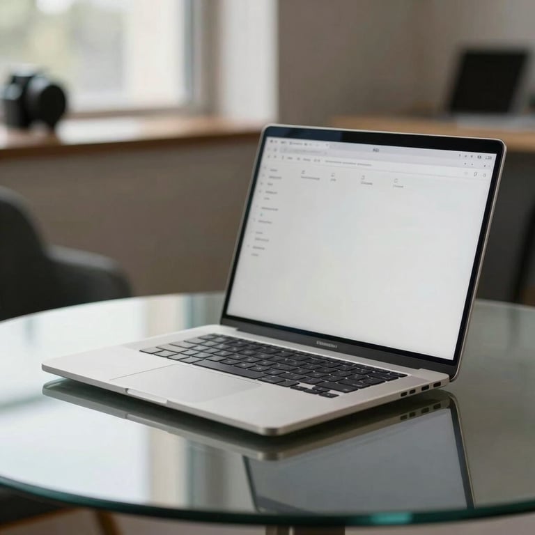 An elegant 2-in-1 laptop in tent mode on a glass table, reflecting a professional atmosphere.