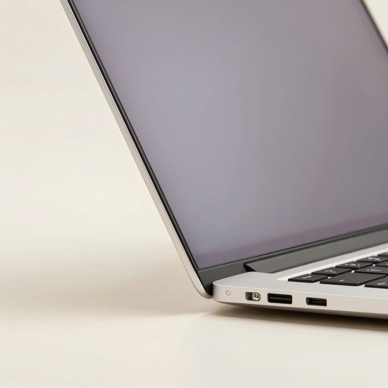A premium business laptop focused on its sleek hinges and metallic cover, professional studio lighting on an Off-white background.