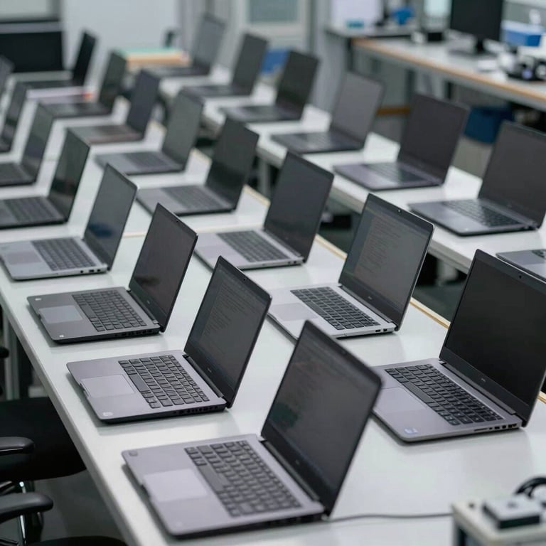 A rows of neatly organized refurbished ultrabooks in a technical facility, showing precision and quality control.