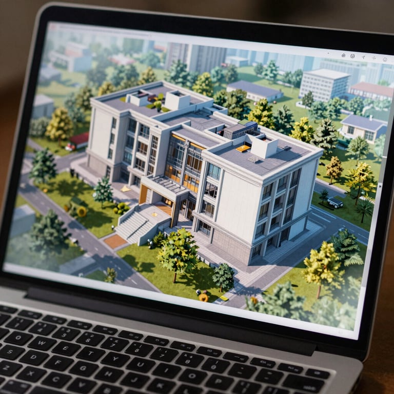 A close-up of a high-resolution laptop screen displaying a vibrant architectural design, symbolizing clarity and power.