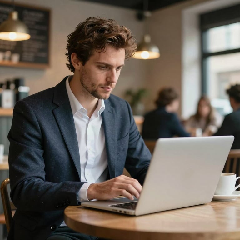 An Italian professional using a slim laptop in a boutique cafe, suggesting portability and reliable business use.