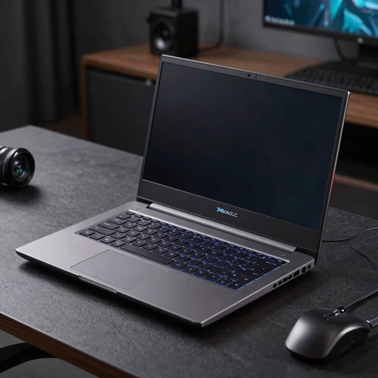 A powerful gaming laptop with a backlit keyboard in a modern, dimly lit room in Italy, emphasizing high performance.
