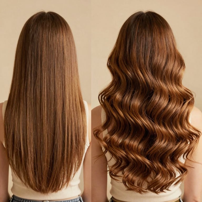 Split screen showing before and after hair extension: left side flat hair, right side voluminous waves using aplicação de tela technique, warm champagne lighting