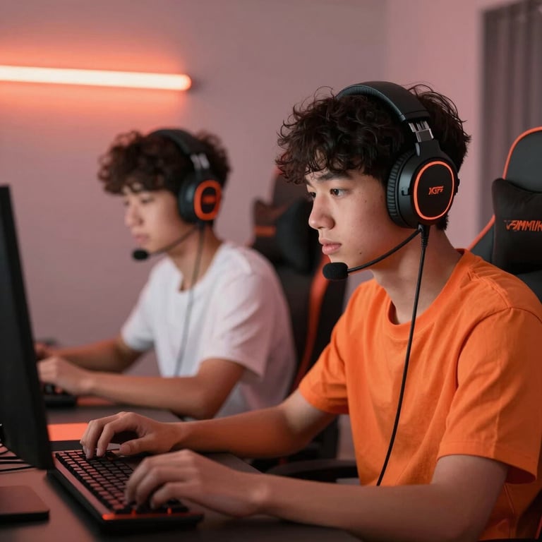 Two teenagers in a North American / US bedroom gaming with high-performance headsets and bright coral orange lighting accents.