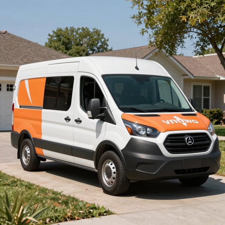 A professional service van with a bright coral orange logo parked in a sunny North American / US suburban driveway.