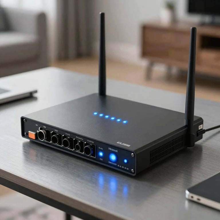 Close-up of a high-speed fiber optic router with glowing blue status lights on a steel grey table in a modern US home.