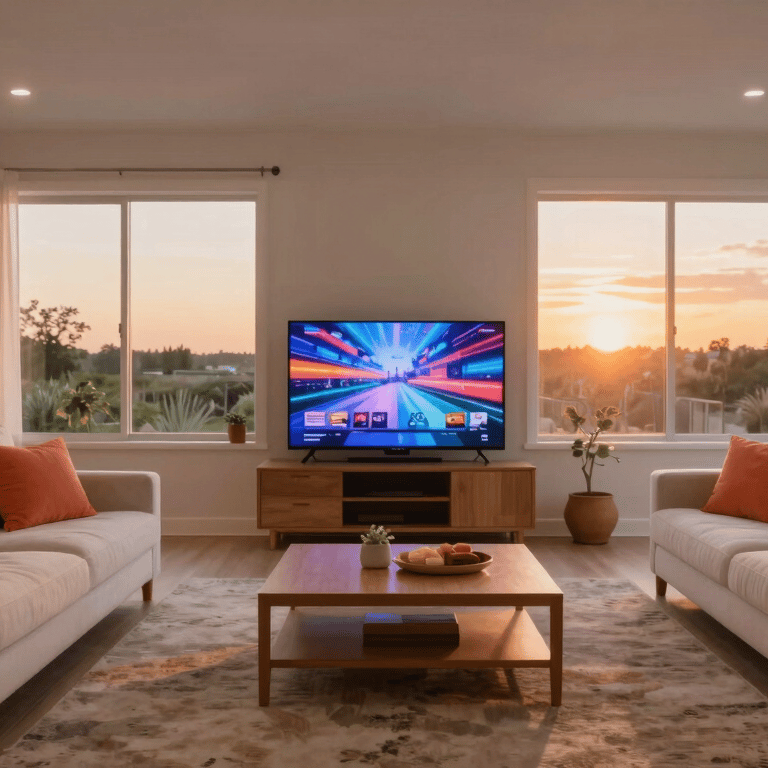 A happy family in a North American / US home watching a bright coral orange animated movie on a large sleek TV.
